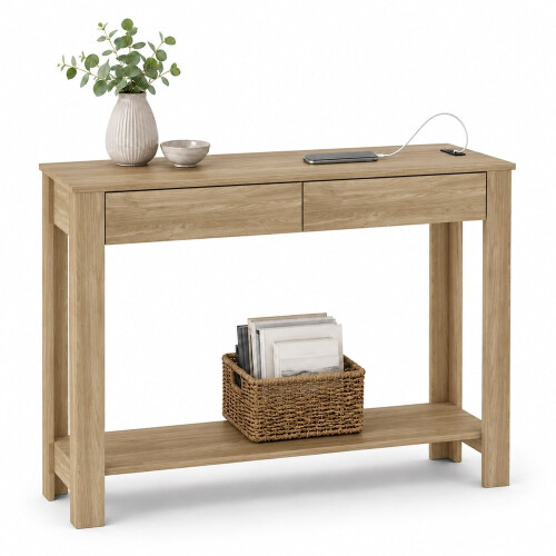 (2 Drawer, Oak) Hallway Console Table with USB Ports and Shelf