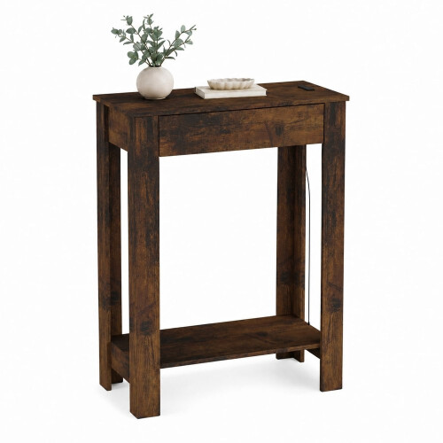 (1 Drawer, Rustic Oak) Hallway Console Table with USB Ports and Shelf
