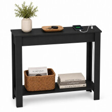 (High Front, Black) Hallway Console Table with USB Ports and Shelf