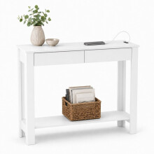 (2 Drawer, White) Hallway Console Table with USB Ports and Shelf
