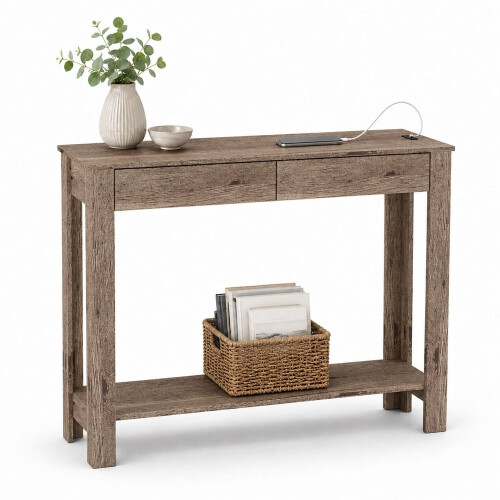 (2 Drawer, Dark Oak) Hallway Console Table with USB Ports and Shelf