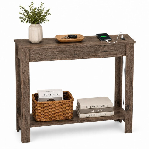 (High Front, Dark Oak) Hallway Console Table with USB Ports and Shelf