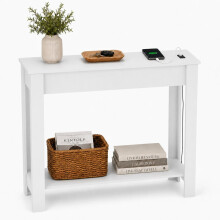 (High Front, White) Hallway Console Table with USB Ports and Shelf