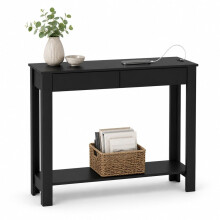 (2 Drawer, Black) Hallway Console Table with USB Ports and Shelf