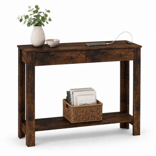 (2 Drawer, Rustic Oak) Hallway Console Table with USB Ports and Shelf