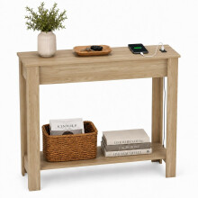 (High Front, Oak) Hallway Console Table with USB Ports and Shelf
