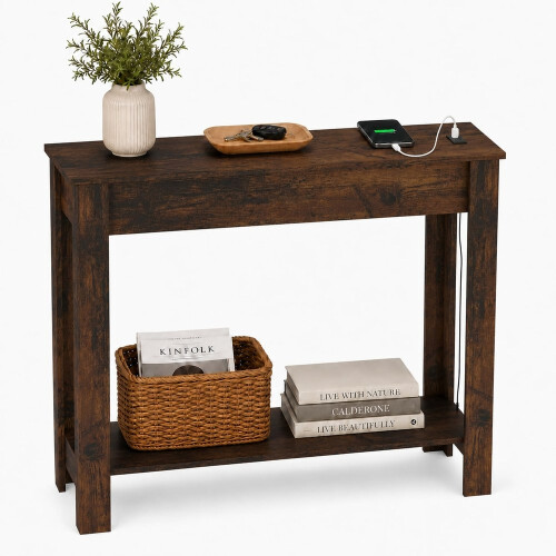 (High Front, Rustic Oak) Hallway Console Table with USB Ports and Shelf