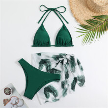 Women Lacing Bathing Suit Set Thong Beachwear Colorful Printing Strappy Swimwear Green S