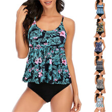 Women Sexy Two-piece Tankini Swimwear Printed High Waist Bikinis Dark blue red flower M