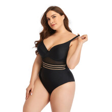 One Piece Oversized Solid Bikini Sexy Big Chest Gathered Bathing Suit High Black XXXL