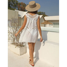 Womens Hollow-Out Solid Color Bikinis Cover-ups Sunscreens Beach Pullover Apricot 2XL