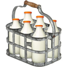 Galvanised Milk Bottle Holder 6 Carrier Rack Wooden Handle Retro Drinks Caddy