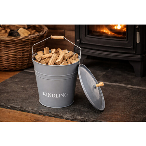 15l Grey Kindling Bucket with Lid 30cm diameter