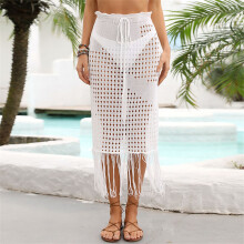 Women Swimsuit Sunscreens Cover Up Tassel Sleeveless Hollow-Out Beachwear Dress White M