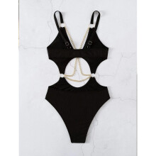 High Cut Bathing Suit for Women Ring Linked-Swimwear Cutout One Piece Swimsuit Black M