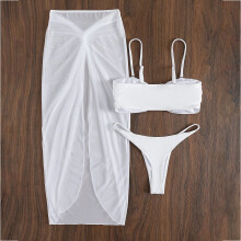 Ladies Bikinis with Maxi Wrap Skirt Womens 3 Pieces Solid Bathing Suit for Beach Brown L