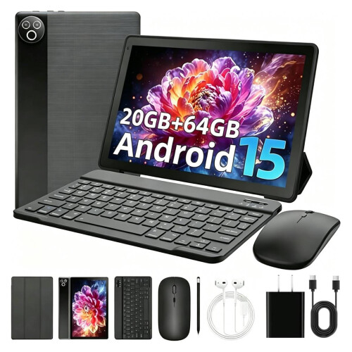 Android 15 10.1" Tablet 20GB RAM + 64GB ROM WiFi 6 BT5.4 Dual Camera Black