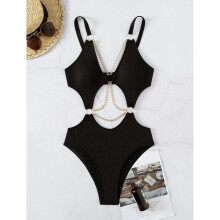 High Cut One Piece Swimsuit for Women Spaghetti Strap Swimwear Sexy Bathing Suit Black S