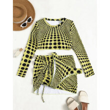 3pcs Sexy Swimwear Women Summer Thong Pleated Skirt Suits Long Sleeve Bath Suit Green L