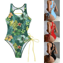 Lace Up One Piece Swimsuit for Women Bathing Suit Sexy Cut-out Backless Light blue M