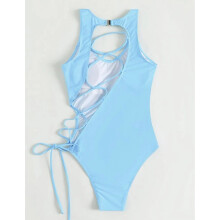 Women One Piece Bathing Suit Sexy Hollow Swimwear Fashion Solid Lace Up Swimsuit Black L