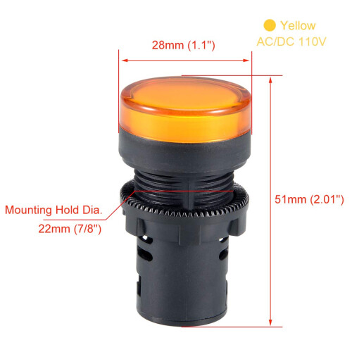 2Pcs AC/DC 110V Indicator Lights, Yellow LED, Flush Panel Mount 7/8" 22mm 1