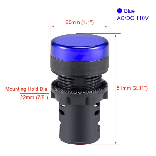 2Pcs Blue Indicator Light AC/DC 110V, 22mm Panel Mount, for Electrical Control Panel, HVAC, DIY Projects 1