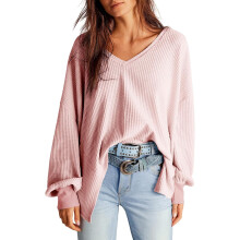 Blusa de mujer Oversize cuello en V manga larga suave casual rosa claro S — camisa tejido waffle, tunica mujer holgada