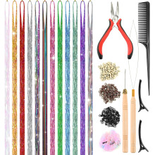 Leuceiy Kit de Tinsel para el Cabello de 12 Colores, Extensiones de 48 Pulgadas con Herramienta, 3600 Hilos Brillantes