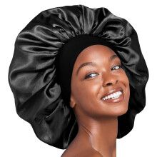 Red by Kiss Reversible Silky Satin Hair Cap Hair Bonnet with Wide Edge Double Wear Cap, Super Jumbo (Black)