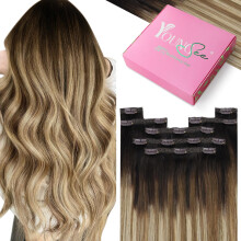YoungSee Extensiones de Pelo Clip en 20 pulgadas Rubias Ombre Mezcla Oscura a Media