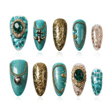 Tesytto Luxus Vintage Press on Nails Mittel Almond, Handgemachte 3D Edelstein & Glitter Design Grüngold Acrylnägel