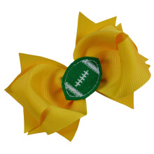 Girls Football Hair Bow 4.5 Inch Embroidered Football Team Hair Bow (Yellow Gold Bow with Green Ball)