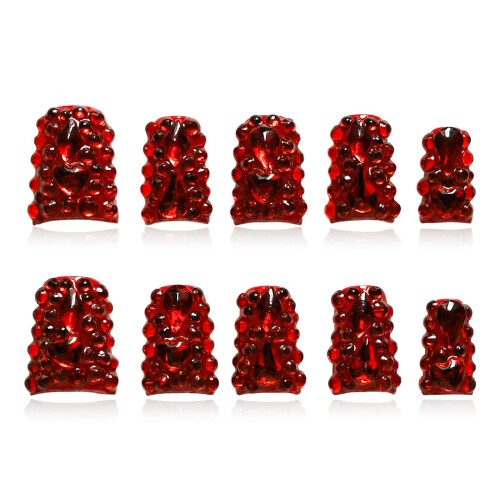 Tesytto Uñas Postizas Cortas Rojo Chrome con Corazón de Rhinestones 3D