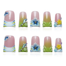 Tesytto 10 Stück Handgefertigte Press on Nails Kurze Enten Nägel Pastellgrün French Tip mit 3D Blumendesign