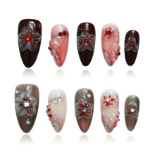 Tesytto Handmade Floral Druknagels - Medium Almond 3D Gegraveerde Strass & Rode Ombre, Dikke Acrylnagels voor Feesten