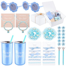 40pcs Flower Girl Proposal Gifts Set of 2, White 12oz Tumbler Sunglasses Pearl Bracelet Diamond Pen Hair Ties Flower Girl Sets for Little (BLUE)