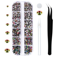 3792pcs Rainbow Crystal Flatback Rhinestones Glass Diamantes Round Gems for Crafts Nail, Makeup, Clothes, Mixed 6 Sizes with Wax Pencil and Tweezer Ki