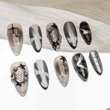 Sun&Beam Nägel Handgemachte Druck-Nägel Mittel Amlond Schwarz Silber Braun Strass Stern Ombre Design 10er Set (#186 XS)