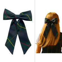 ClassExceed Extra Large Long Tail Jumbo Size School Uniform Plaid Girls Hair Bow with French Barrette - Back to School Accessory (Green Navy Yellow re