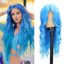 LINGHANG Cosplay Lange Blaue Perücke für Damen 26 Zoll Mittelscheitel Synthetische Perücke