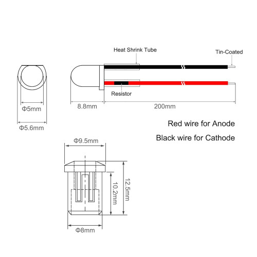 5Set DC 12V 5mm Pre Wired LED with Holder, White Light Round Top Clear Lens, 8mm Panel Mount 2