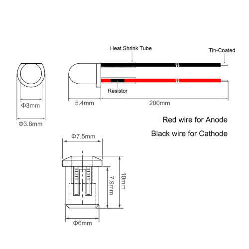 5Set DC 12V 3mm Pre Wired LED with Holder, Red Light Round Top Clear Lens, 6mm Panel Mount 2