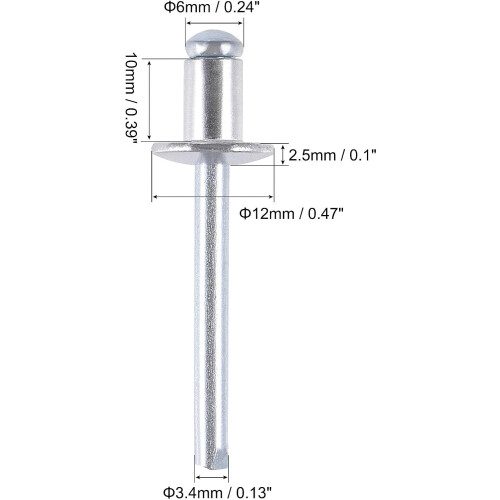 Blind Rivets, Aluminum Pull Rivets Core Decoration Rivets 6mm Diameter 10mm Grip Length Silver Tone, 25pcs 1