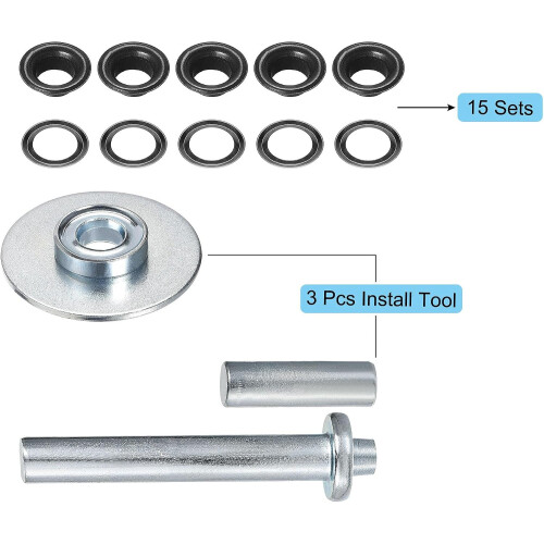 Grommet Tool Kit 15 Sets 1/2" Copper Eyelets with 3pcs Setting Tools, 12mm Inside Dia. Black 1