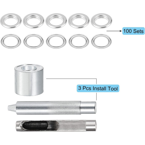 Grommet Tool Kit 100 Sets 3/8" Copper Grommets Eyelets with 3pcs Install Tools, 10mm Inside Dia. Silver Tone 1