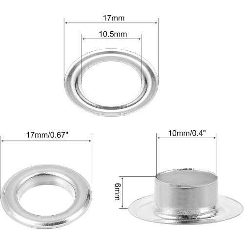 Grommet Tool Kit 100 Sets 3/8" Copper Grommets Eyelets with 3pcs Install Tools, 10mm Inside Dia. Silver Tone 2