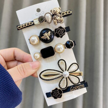 Annacreations 5 Pcs Premium Korean Stylish Hair Clips Set For Women And Girls, Elegant Pearl And Black Gold Decorative Hairpins, Fashion Barrette Hair