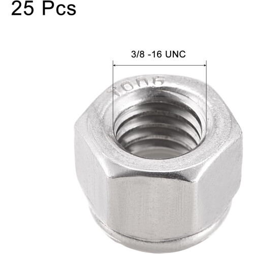 3/8-16 UNC Nylon Insert Hex Lock Nuts, 304 Stainless Steel, Plain Finish, 25pcs 2