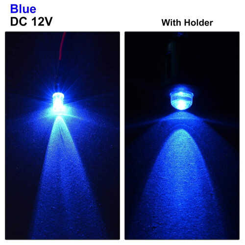 5Set DC 12V 5mm Pre Wired LED with Holder, Blue Light Round Top Clear Lens, 8mm Panel Mount 1